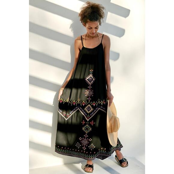 Anthropologie Embroidered Black Geometric Motif Sleeveless Relaxed Maxi Dress - Picture 3 of 8